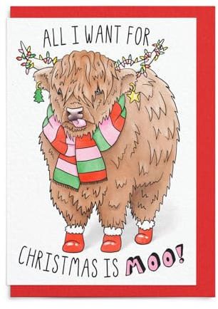 Sketchy Print Co Lustige Weihnachtskarte – All I Want For Christmas Is Moo – Weihnachtskarte für Ehefrau, Ehemann, beste Freundin