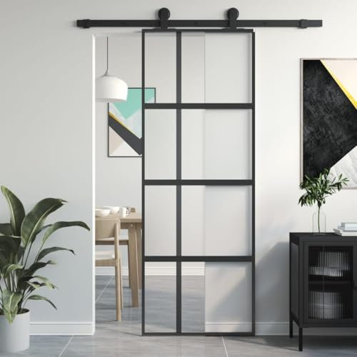Festnight Porte coulissante en Verre Seule Porte coulissante Interieur Verriere Porte Interieur Verre ESG dépoli et aluminium-Noir-76 x 205 cm/Demi-dépoli