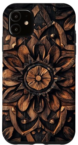 Hülle für iPhone 11 Filigranes Mandala-Blumenmuster im Holzoptik-Design