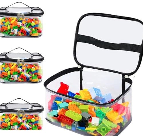 Clear Lego Bags for Lego Storage,4 Pack Toy Storage Bags for Lego Cube,Waterproof Transparent PVC Toy Organiser with Zipper Case for Lego Bricks,Board Games, Small Toys