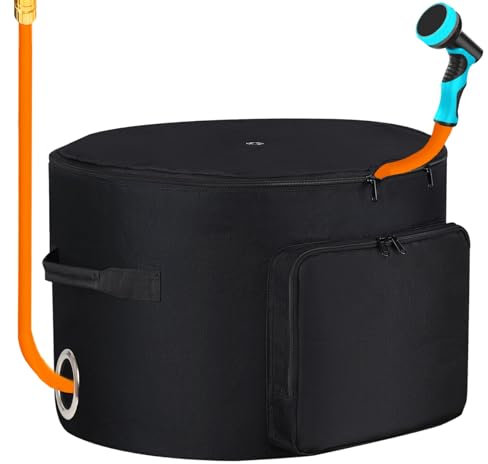 Garden Hose Holder Standing Bag, Water Hose Holder Pot Bag for Outside, with Hose Entry Hole; Drainage & Breathable Holes; Small Tool Storage Pocket (black)