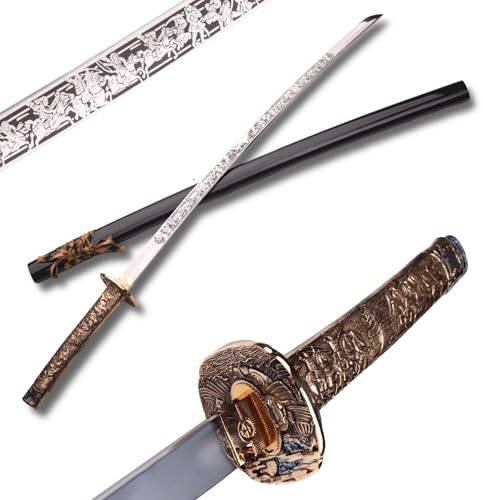 Katana Schwert Echt Matall - Samurai Schwert aus Stahl - Samurai Schwerter als Anime Deko - Japanisches Sword mit ständer - Ninja Schwerter Nicht scharf (MASAMUNE ODA 180)