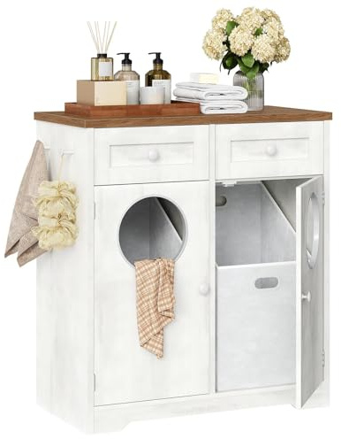 HOOBRO Double Laundry Hamper Cabinet, Hidden Laundry Cabinet with 2 Drawers & 2 Baskets, 20 Gallon Farmhouse Bathroom Laundry Hamper with 2 Clothes-Toss Holes, White and Dark Walnut WHZ36XY01