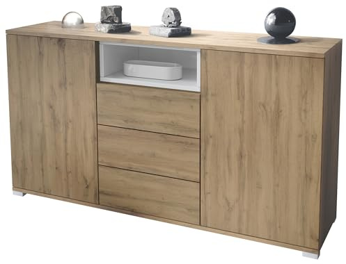 Vladon Skadu V2 Sideboard, Kommode mit 2 Türen, 3 Schubladen und 1 offenem Fach, Eiche Evoke/Weiß Hochglanz (138,5 x 75,5 x 35 cm)