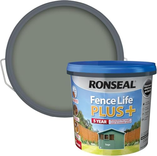 Ronseal Fence Life Plus+ 5L – Sage – Durable Shed & Fence Paint – One Coat, Weatherproof & Fade-Resistant – UV Protection – Lasts Up to 5 Years – For All Exterior Wood