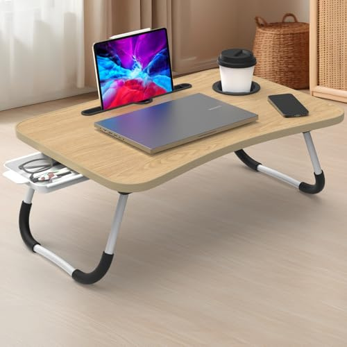 Kidsgigglz Tavolo per computer portatile, tavolo con supporto per tablet, cassetto, porta bevande, tavolo pieghevole per letto e divano, pavimento, vassoio da letto, tavolo portatile (60 x 40 x 28 cm