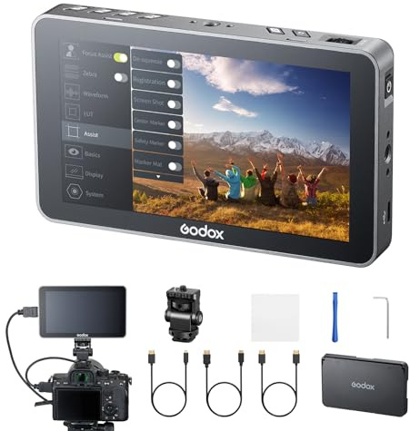 Godox GM6s Pro Kit2 Monitor de Campo para Cámara de 5.5 Pulgadas | Pantalla Táctil, 2000nit HD 1920x1080 IPS, Rec.709, Soporte 3D LUT, HDMI 4K con Bajo Consumo de Energía de 10W