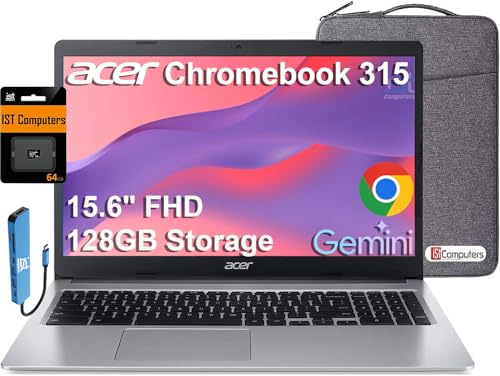 Acer Chromebook 315 Laptop (15,6 pollici FHD, Intel Celeron N4500, 4 GB RAM, 128 GB di memoria (64 GB eMMC + 64 GB scheda SD) casa e studenti, lunga durata della batteria, KB numerico, Wi-Fi, webcam