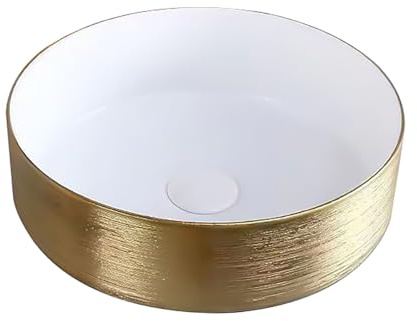 Belvit Murano Lavabo de cerámica redondo, sin orificio para grifo, sin rebosadero, montaje superior, exterior dorado cepillado, diseño moderno, dorado cepillado/blanco brillante, 36 x 12,5 cm