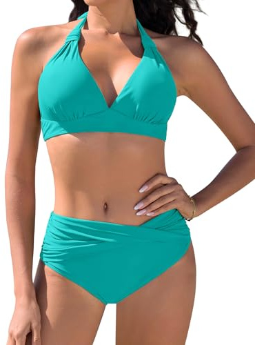 Vijamiy Maillot de Bain Femme 2 Pieces Bikini Set Haut Sexy Swimwear Tankinis Bretelles Suspendues au Cou(Vert Aqua,XL)