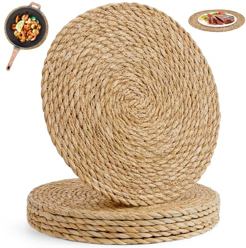 6 Sottopiatti Rotondi Eleganti Vimini, Tovagliette Rotonde Giacinto D'Acqua Paglia Naturale 30cm, Sottopiatto Intrecciato Rotondo Bohémien Centro Tavola Elegante per Tavolo da Pranzo, Casa, Matrimoni