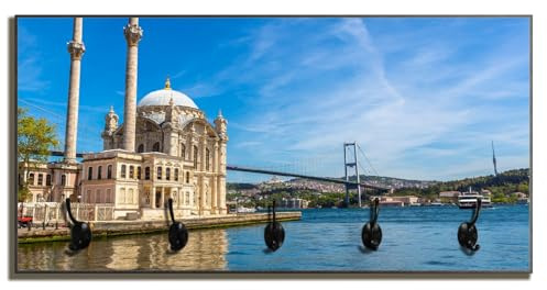 Wallario Wandgarderobe aus Holz in Größe 80 x 40 cm in Premium-Qualität, Motiv: Moschee am Bosporus | 5 Kleiderhaken zum Aufhängen