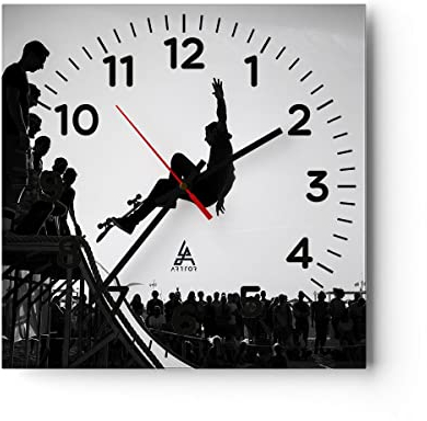 Modern Wanduhr Sport Skateboard 30x30cm Quadrat Klein Wand Uhr Glas Analog Zimmeruhren Küche Büro Wohnzimmer Glasuhr Wall Clock Dekoration Design Wanddekoration Küchenuhr C4AC30x30-3655