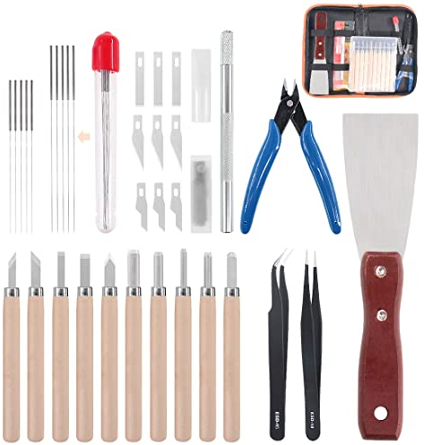 Rustark Kit d'accessoires pour imprimante 3D de 34 pièces - Aiguilles de nettoyage, pinces, pinces, écarteurs, couteaux de nettoyage, couteau à découper - Livré avec étui de rangement pour retirer