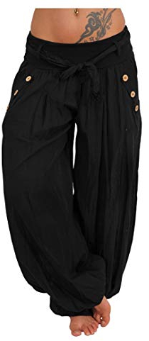 Italy Moda Haremshose Aladinhose Pumphosen Sommerhose Hose Strandhose Blume Gürtel (XS-L, Schwarz Uni)