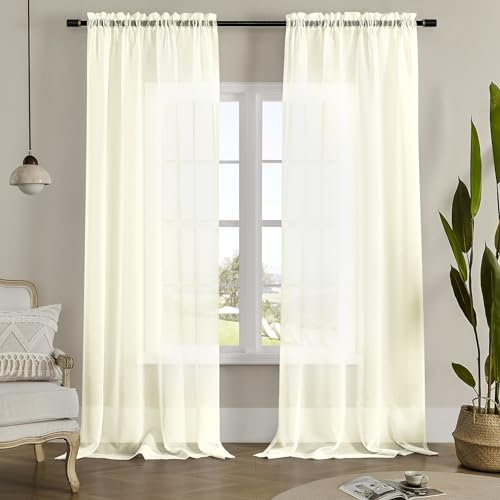 MYSTIC-HOME Durchsichtige Vorhänge, 244 cm lang, Fensterbehandlungen, Stangentaschen-Vorhänge für Wohnzimmer, Schlafzimmer, halb zerknitterter Voile-Vorhang für Hof, Villa, Salon, 2er-Set, 132,1 x