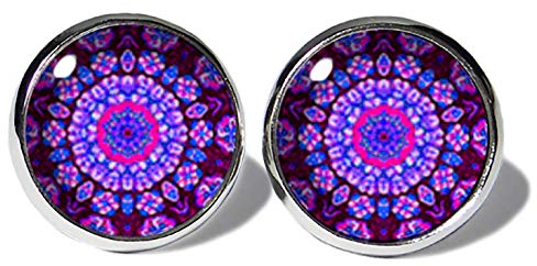 Mandala Lila Ohrstecker ABOUKI Damen Mädchen Kinder Edelstahl Ohrschmuck Motiv Paisleymuster Boho Hippie Ethno handgefertigte Ohrringe silber-farben