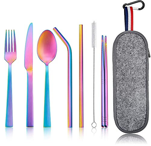 Homikit 8 Piece Camping Cutlery Set for 1, Stainless Steel Travel Utensils with Portable Case, Individual Silverware Set Includes Reusable Knife, Fork, Spoon, Straws and Chopsticks, Matte Rainbow
