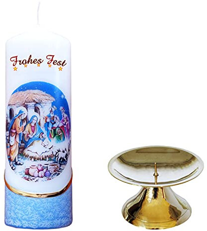 Meissner-Handel Auswahl Motiv, Weihnachtskerze 'Frohes Fest' ca. 6 x 18 cm, farbig getaucht, mit farbigen Wachs- und Bildauflagen, inkl. Messingständer (Motiv 021-FF)
