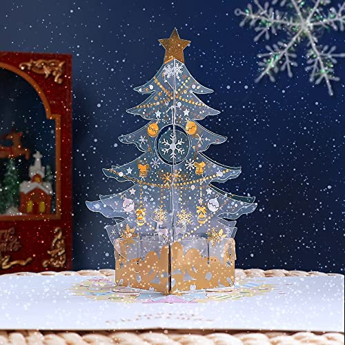 Pop Up Christmas Cards Golden Star Hanging Snowflakes, PVC Hollow Carving Color Printing Repeated Folding 3D Christmas Cards Pop Up, Writing Blessings Gift Merry Christmas Tree Pop Up Cards
