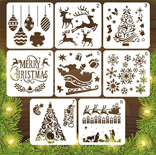 LYPER 8Pcs Weihnachtsschablonen Xmas Weihnachtsmann Weihnachtsbaum Schneeflocken Glocken Rentier Schablone Template Sets, Wiederverwendbare Kunststoff Craft Schneeflocke für DIY Weihnachtsdekoration