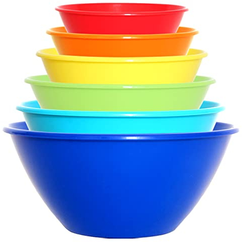 Youngever Lot d 6 Grands Bols en Plastique de 3L, Bols Mélangeurs, Bols Saladiers, 3.5L 2.4L 1.5L 1L 650ML 350ML (Rainbow)