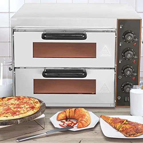 0℃ Outdoor Forno Elettrico per Pizza, 14'' Forno a Doppio Strato con Pietra per Pizza, in Acciaio Inox, Tostatura per Torte, Pollo, Pane, 3000 W, Temperatura Fino a 350°C, per Casa, Ristorante
