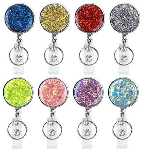 Einziehbarer Ausweishalter, leichter Kunststoff-Ausweishalter, einziehbarer Kartenhalter mit Gürtelclip für Krankenschwester,Lehrer, Studenten(8 Pack Bling Bling)