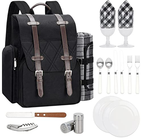 Picknick-Rucksack für 2 Personen mit großer isolierter Kühltasche, Picknickkorb-Set mit Weinbeutel, Party, Hochzeitsgeschenk für Paare. 2P-Schwarz