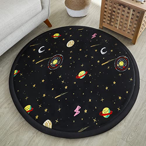 Loartee korallenrote Samtmatte Teppich Rund, als Krabbeldecke fürs Kind,2,5cm Dicker Kinderteppich,Stern schwarz,100cm