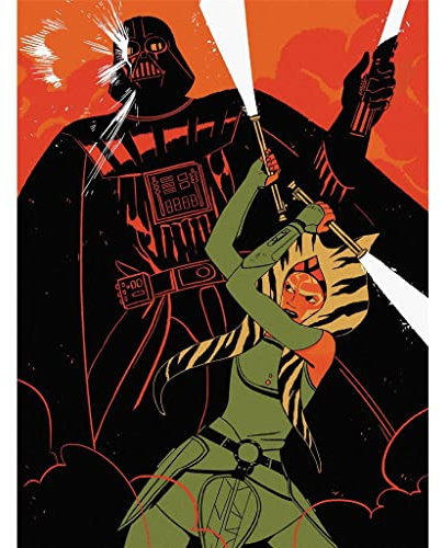 Star Wars Ahsoka Vs Darth Vader Kunstdruck auf Leinwand, 30 x 40 cm, Rot / Grün / Schwarz
