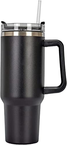 40oz/1200ml Insulated Travel Mug Tumbler with Handle Double Wall Vacuum Sealed Stainless Steel Cup with Straw and Lid Coffee Beer Mug for Hot Iced Drink (Black)