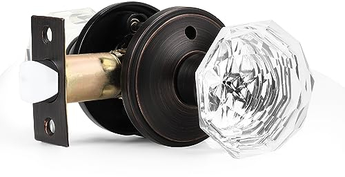 PinLin 1 Pack Privacy Crystal Door Knobs Diamond Design Glass Door Knobs with Lock for Bedroom/Bathroom,Keyless Doorknobs for Interior Door Oil Rubbed Bronze