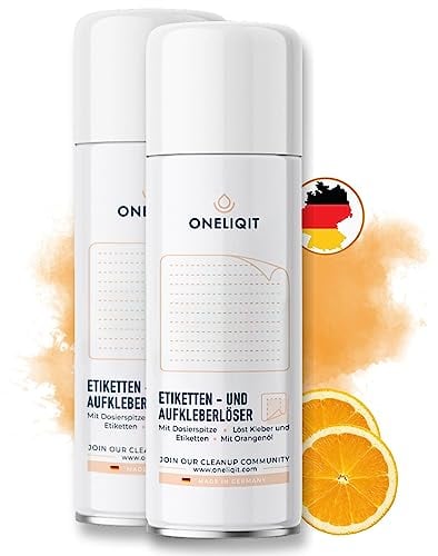 ONELIQIT® Etikettenentferner, Etikettenlöser, Klebereste Entferner mit Orangenöl 2 x 200ml für das einfache Entfernen von Etiketten, Aufklebern, Vignetten & Klebstoffen