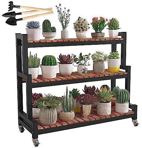 Scaffale Portavasi Legno con Struttura di Metallo, 2 Ripiani 3 Ripiani Stand per Piante Fioriera Mobile per Piante con Ruote Facile da Spostare per Balcone Interni Esterno Giardino