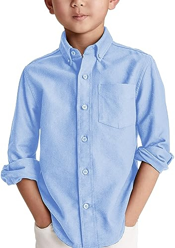 Karlywindow Boys' Long-Sleeve Dress Shirts Classic Collared Button-Down Tshirt Cotton Children's Plain Top with Chest Pocket, Blue, 10-12 Years