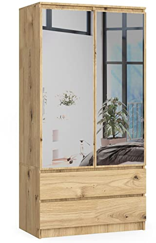 AKORD Kleiderschrank mit Spiegel S 90 cm 2 Türen 2 Schubladen mit Regalen und Einer Kleiderstange für EIN Schlafzimmer Kleiderschränke | Laminierte Platte 16 mm | Farbe: Kunsthandwerkliche Eiche