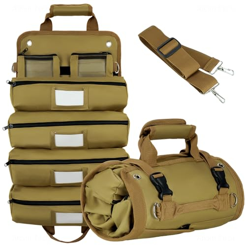 Tomorotec Heavy Duty Roll Up Tool Organizer - Expandable Pockets & Detachable Pouches - Labeled Compartments - Portable Storage