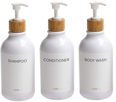 Pack 3 Dispensadores de Jabón Líquido 500 ml Blanco | Dosificador Gel Champú y Acondicionador | Botes Recargables para Ducha | Organizador Baño Minimalista | Jabonera Moderna Sin Taladro