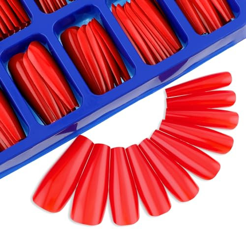 TIESOME 200PCS Long Coffin Fake Nails Tips, Solid Color Press on Nails Glossy False Artificial Nail Full Cover Length Pressed-on Nail Manicure Kit for Women and Ladies Art DIY(Red)