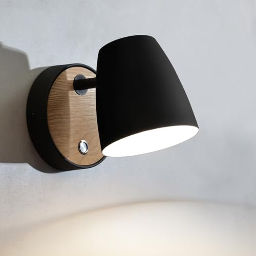 ouglres Wandlampe mit Schalter Schwarz,Holz Wandleuchte Industrial,Aluminium Schirm Drehbar,Modern Innen Wandlampe,Bettlampe für Schlafzimmer Bett,Wohnzimmer,Flur,Treppen, Badezimmer,E27,1pcs