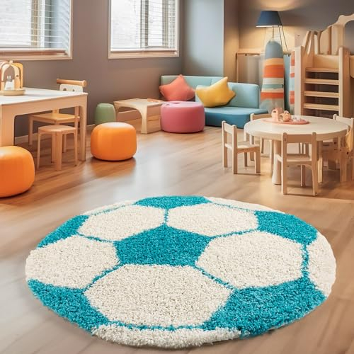 SIMPEX Hochflor Kinderteppich Rund Fußball Design Teppich Kinderzimmer Junge 120 cm Runder Teppich Türkis und Weiß Spielteppich für Junge und Mädchen Extra Weich