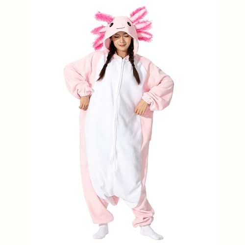 LANFAN Erwachsene Onesie Axolotl Kostüm Pyjama Herren Damen Unisex Cosplay Tier Plüsch Nachtwäsche Halloween Jumpsuit für Schlafanzug