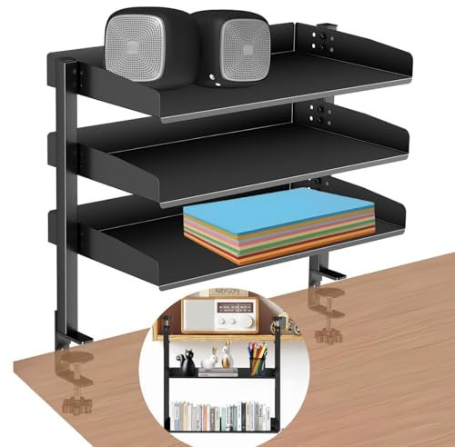 CanKing Foldable Desk Extender 17 inch Desk Extension Portable Table Shelving Adjustable Clamp on Desk Shelf Reuse Desk Organizer On or Under Desk,Black 3Tier-8.7 Dx17 Wx16 H