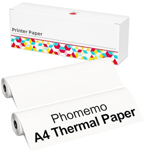 Phomemo Lot de 2 rouleaux de papier pour imprimante thermique A4, 210 mm x 6,5 m Compatible avec Phomemo M832/M833/M834/M835/M836 Imprimante portable A4, pour voyage, maison, photo, facture