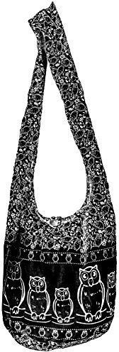 CCcollections Umhängetasche aus Baumwolle, große Boho-Hippie-Hobo-Handtasche mit 40 Drucken – Unisex-Umhängetasche ((Owl-Black))