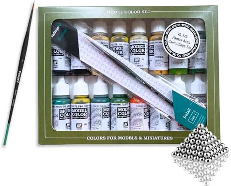 Silu- Silu Vallejo Modèle Color Camouflage Set 70.179. Set de peintures Vallejo avec 16 boules de mélange en acier inoxydable, modèle couleur pour peindre des maquettes, des miniatures et des dioramas