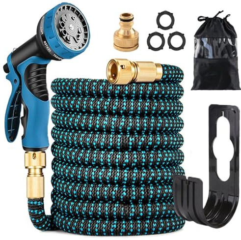 LINGKY Flexibler Gartenschlauch mit 10 Funktion 15m, Wasserschlauch flexibel mit 3-Fach Latexkern inkl. Vollmessing Adapter für 1/2' 3/4' Zoll und Wandhalterung, dehnbarer flexiSchlauch