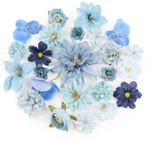 LARDUX 24 Stücke Kunstblumen Köpfe,künstliche blumenköpfe klein Blüten Künstlich blütenköpfe groß Seidenblumen Köpfe Mix für DIY Basteln Scrapbooking Hochzeit Party Home Handwerk Deko-Blau