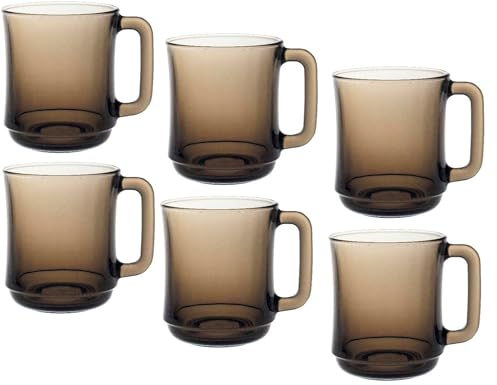 Genérico Lot de 6 verres en verre trempé avec anse - 310 ml - Élégant et résistant - Set complet pour café, thé, boissons chaudes ou froides - Lot de 6 tasses en verre trempé (fumé)
